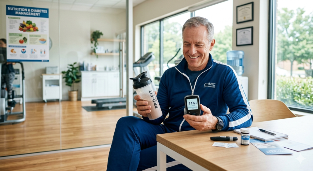 Pessoa com diabetes conferindo glicemia ao lado de um shake, ilustrando se diabético pode tomar whey protein.