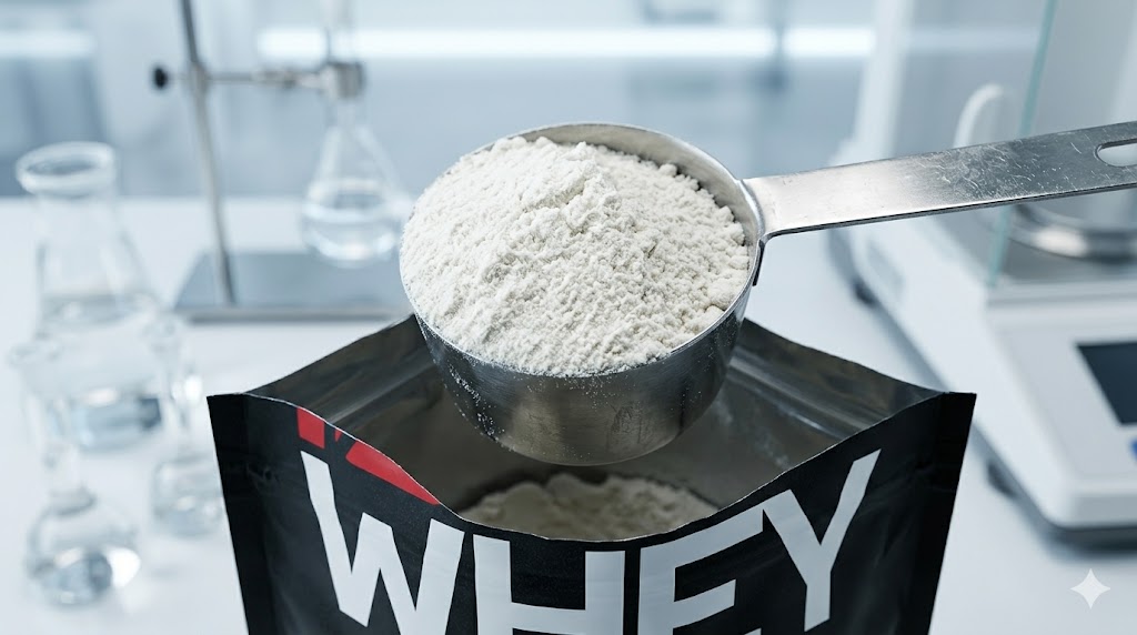Pó fino do Whey Protein Dark Lab em um scoop sobre bancada de laboratório