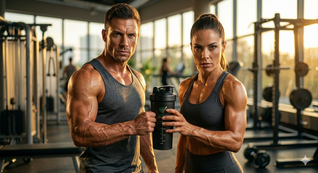 Homem e mulher treinando na academia com foco e determinação no Vital Suplementos