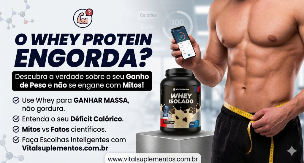 Gráfico informativo respondendo à pergunta 'O Whey Protein Engorda?'. Inclui guia para ganhar massa e não gordura, explicação sobre déficit calórico e fatos científicos, com imagem de homem musculoso e pote de Whey Isolado sabor Cookies & Cream. Saiba a verdade sobre o ganho de peso!