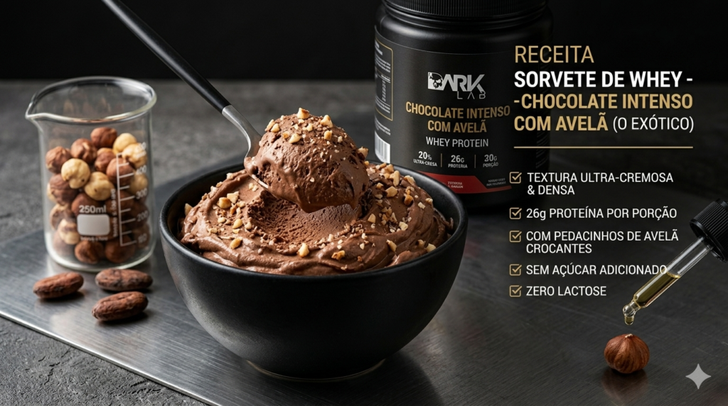Fotografia de alta resolução mostrando uma tigela de sorvete de whey protein caseiro sabor Chocolate Intenso com Avelã Dark Lab. A imagem inclui um gráfico de texto descritivo detalhando os benefícios: 'RECEITA SORVETE DE WHEY - CHOCOLATE INTENSO COM AVELÃ (O EXÓTICO)'. Inclui checklist com: Textura Ultra-Cremosa & Densa, 26g Proteína por porção, Com pedacinhos de avelã crocantes, Sem Açúcar Adicionado e Zero Lactose. A estética é moderna e industrial, alinhada com a marca Dark Lab. Inclui bequer com avelãs e dropper