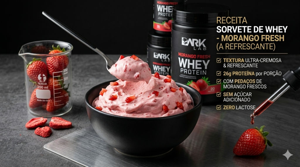 Fotografia de alta resolução mostrando uma tigela de sorvete de whey protein caseiro sabor Morango Fresh Dark Lab. A imagem inclui um gráfico de texto descritivo detalhando os benefícios: 'RECEITA SORVETE DE WHEY - MORANGO FRESH (A REFRESCANTE)'. Inclui checklist com: Textura Ultra-Cremosa & Refrescante, 26g Proteína por porção, Com pedaços de morango frescos, Sem Açúcar Adicionado e Zero Lactose. A estética é moderna e industrial, alinhada com a marca Dark Lab. Inclui bequer com morangos e dropper.