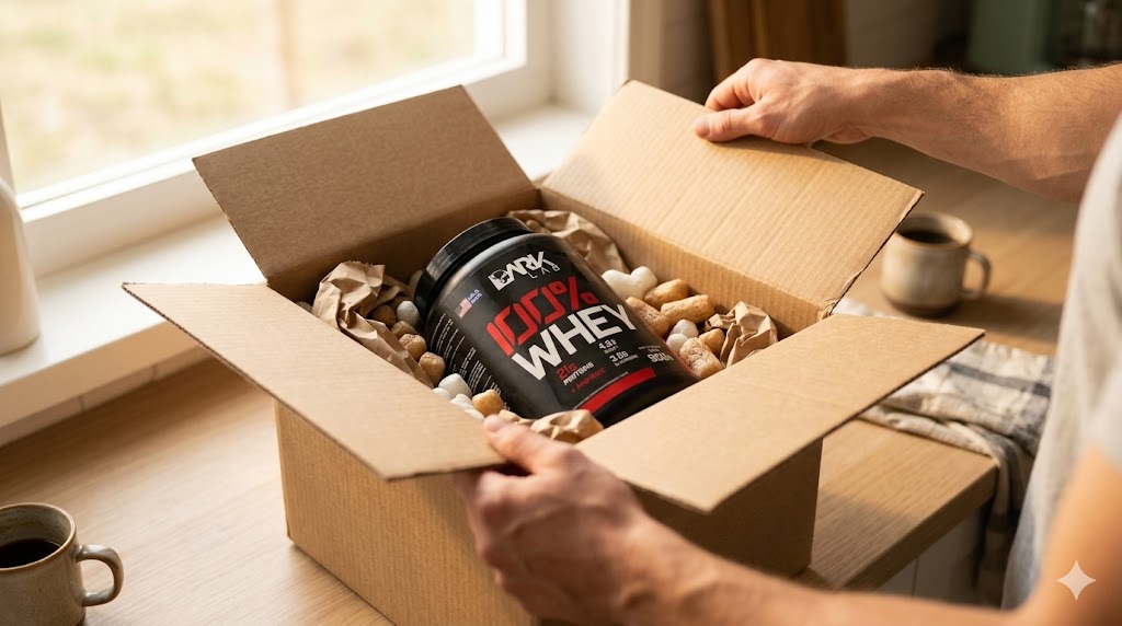 Pessoa abrindo caixa de entrega com o pote de Whey Protein Dark Lab original dentro