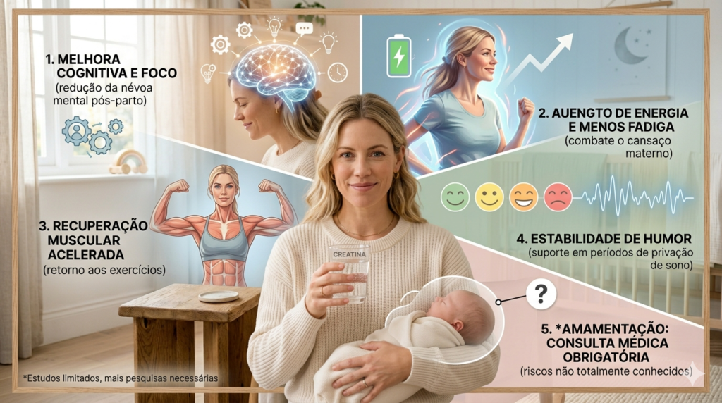 Infográfico em português que ilustra os benefícios da creatina para mulheres no pós-parto, com foco em: 1. Melhora cognitiva e foco; 2. Aumento de energia e menos fadiga; 3. Recuperação muscular acelerada; 4. Estabilidade de humor; e 5. Amamentação: Consulta médica obrigatória. A imagem mostra uma mulher com um bebê e um copo de água, cercada por ícones e textos explicativos.