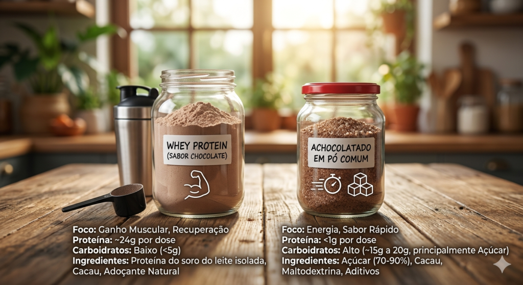 Uma imagem comparativa lado a lado de dois potes de vidro sobre uma mesa de madeira. O pote da esquerda contém Whey Protein sabor chocolate e tem um ícone de um braço musculoso, enquanto o pote da direita contém achocolatado em pó comum e tem um ícone de um cronômetro com cubos de açúcar. Abaixo de cada pote, um texto descreve o foco, a proteína, os carboidratos e os ingredientes de cada produto.