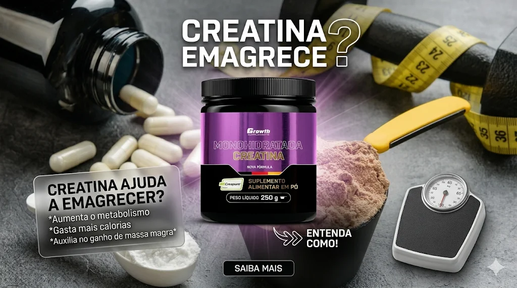 Creatina emagrece? Imagem explicativa sobre os efeitos da creatina no emagrecimento, metabolismo, ganho de massa magra e desempenho físico
