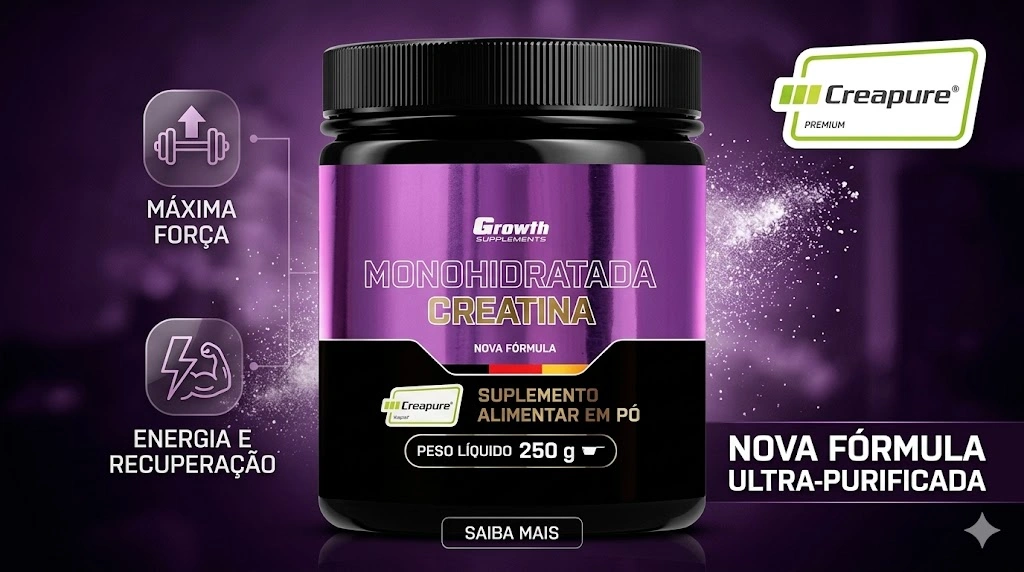 Melhor creatina com sabor em 2026, pote de creatina monohidratada premium com alta pureza, ideal para força, recuperação muscular e melhor desempenho nos treinos.
