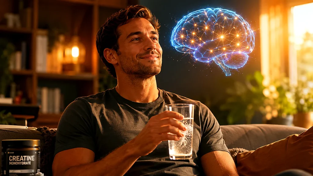 Pessoa tomando creatina em casa com holograma cerebral simbolizando foco e saúde mental