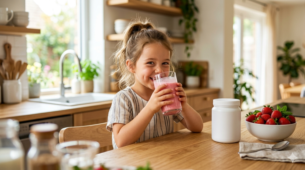 Criança feliz tomando shake saudável de morango, ilustrando se criança pode tomar whey protein.