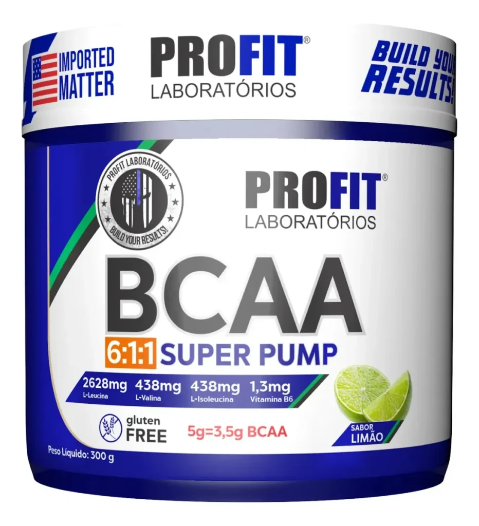 BCAA Profit Laboratórios 6:1:1 Super Pump sabor limão, suplemento com leucina, valina e isoleucina para recuperação muscular e desempenho nos treinos.