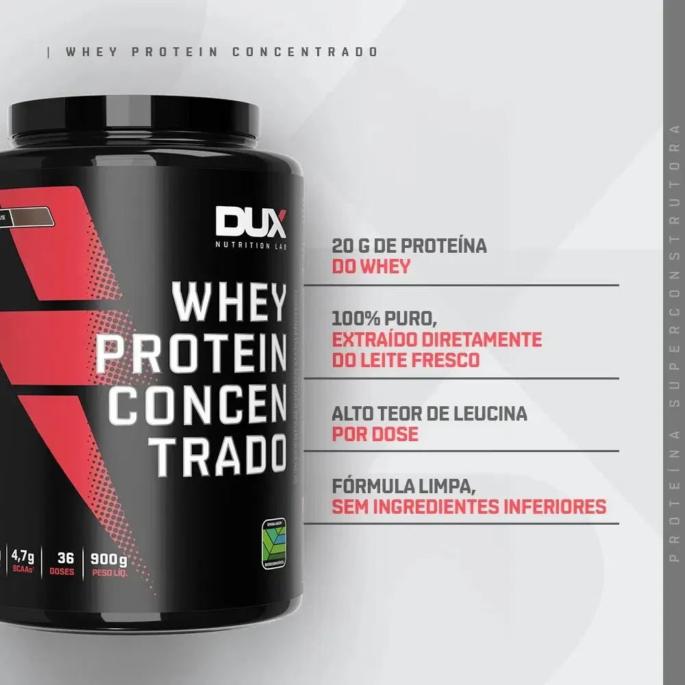 Pote de whey protein concentrado da DUX Nutrition Lab, destacando alto teor de proteínas, leucina e fórmula limpa para suplementação esportiva.
